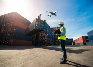 Foreman control loading Containers box to truck for Logistic Import Export Background, Business logistic concept, import and export concept